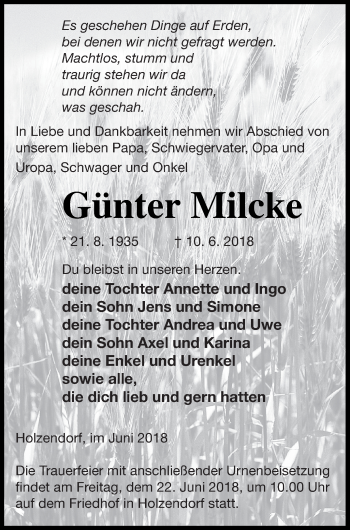 Traueranzeige von Günter Milcke von Strelitzer Zeitung