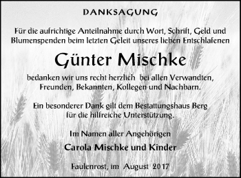 Traueranzeige von Günter Mischke von Mecklenburger Schweiz