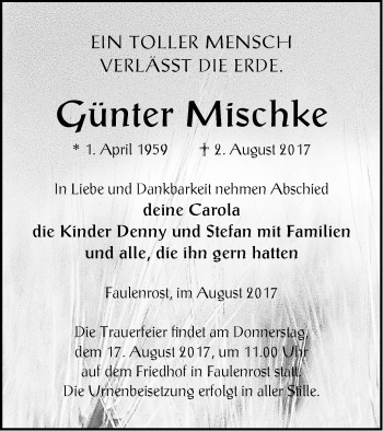 Traueranzeige von Günter Mischke von Mecklenburger Schweiz