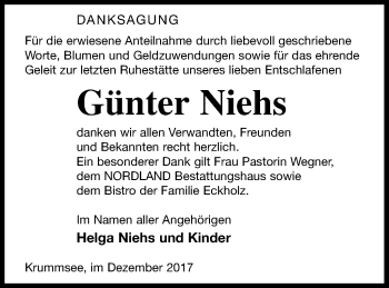 Traueranzeige von Günter Niehs von Mecklenburger Schweiz