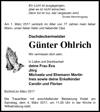 Traueranzeige von Günter Ohlrich von Haff-Zeitung