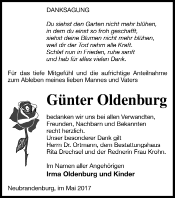 Traueranzeige von Günter Oldenburg von Neubrandenburger Zeitung