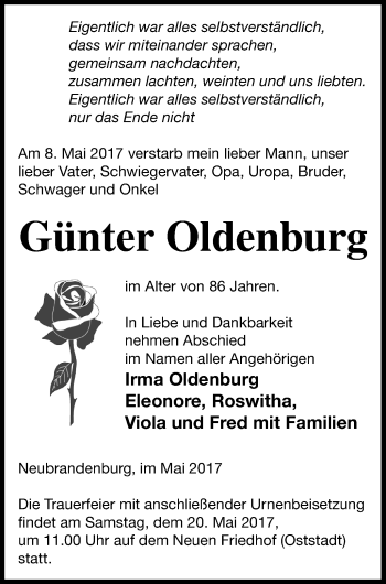 Traueranzeige von Günter Oldenburg von Neubrandenburger Zeitung