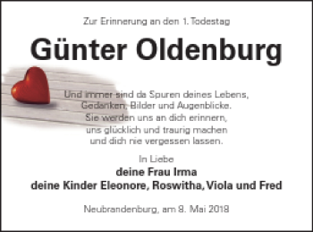 Traueranzeige von Günter Oldenburg von Neubrandenburger Zeitung