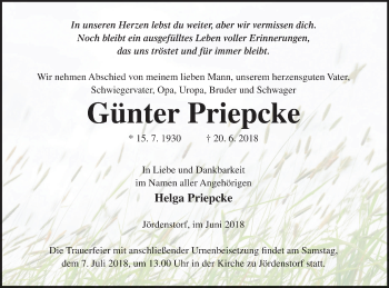 Traueranzeige von Günter Priepcke von Mecklenburger Schweiz