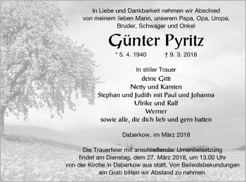 Traueranzeige von Günter Pyritz von Vorpommern Kurier