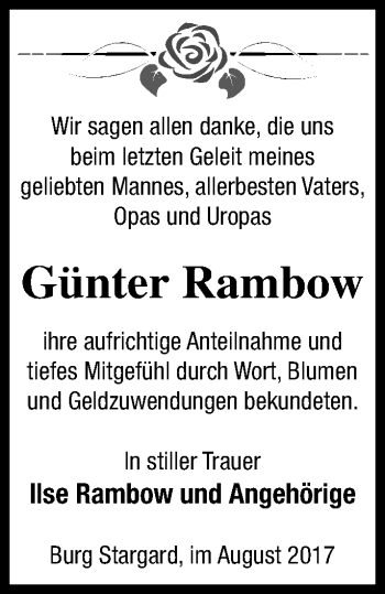 Traueranzeige von Günter Rambow von Neubrandenburger Zeitung