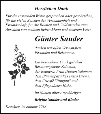 Traueranzeige von Günter Sauder von Pasewalker Zeitung