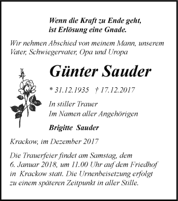 Traueranzeige von Günter Sauder von Pasewalker Zeitung