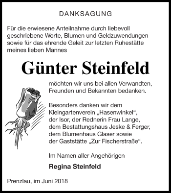 Traueranzeige von Günter Steinfeld von Prenzlauer Zeitung