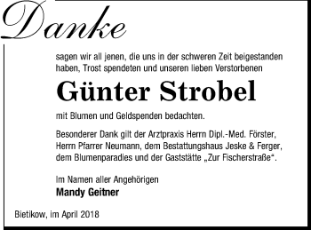 Traueranzeige von Günter Strobel von Prenzlauer Zeitung