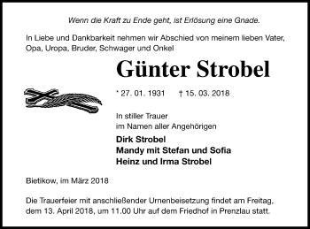 Traueranzeige von Günter Strobel von Prenzlauer Zeitung