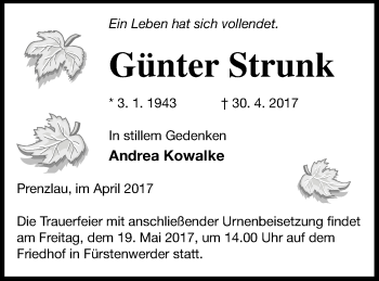 Traueranzeige von Günter Strunk von Prenzlauer Zeitung