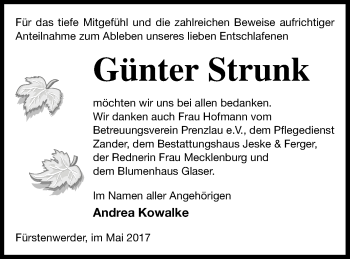 Traueranzeige von Günter Strunk von Prenzlauer Zeitung