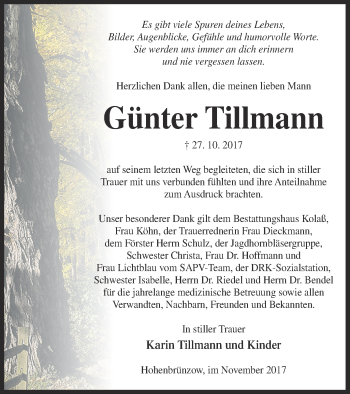 Traueranzeige von Günter Tillmann von Demminer Zeitung