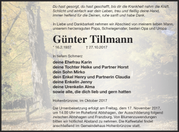 Traueranzeige von Günter Tillmann von Demminer Zeitung