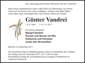 Traueranzeige von Günter Vandrei von Vorpommern Kurier