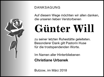 Traueranzeige von Günter Will von Vorpommern Kurier