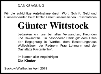 Traueranzeige von Günter Wittstock von Templiner Zeitung