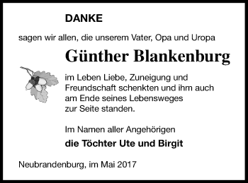 Traueranzeige von Günther Blankenburg von Neubrandenburger Zeitung