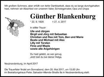 Traueranzeige von Günther Blankenburg von Neubrandenburger Zeitung