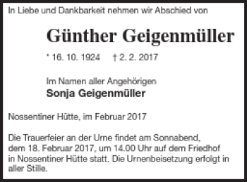 Traueranzeige von Günther Geigenmüller von Müritz-Zeitung