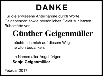 Traueranzeige von Günther Geigenmüller von Müritz-Zeitung