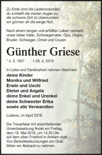 Traueranzeige von Günther Griese von Vorpommern Kurier