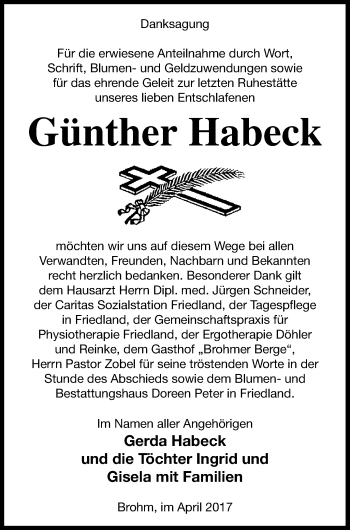 Traueranzeige von Günther Habeck von Neubrandenburger Zeitung