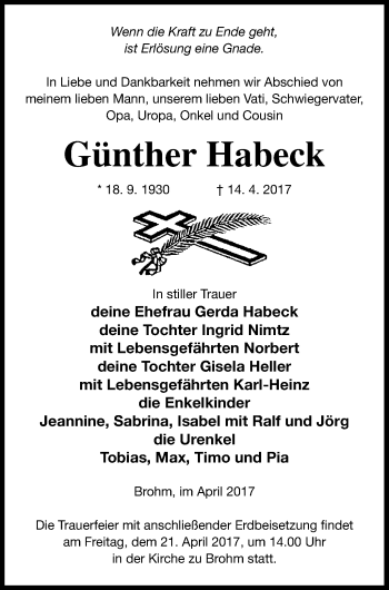 Traueranzeige von Günther Habeck von Neubrandenburger Zeitung