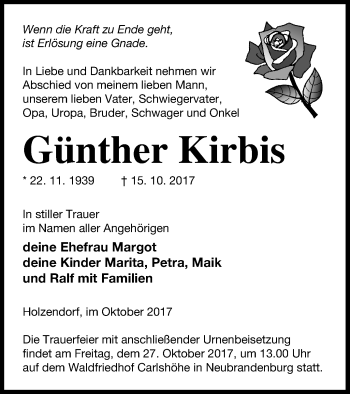 Traueranzeige von Günther Kirbis von Strelitzer Zeitung