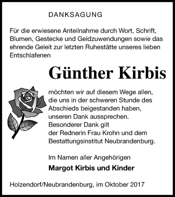 Traueranzeige von Günther Kirbis von Neubrandenburger Zeitung