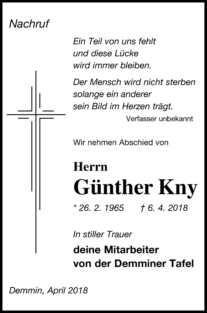  Traueranzeige für Günther Kny vom 18.04.2018 aus Demminer Zeitung