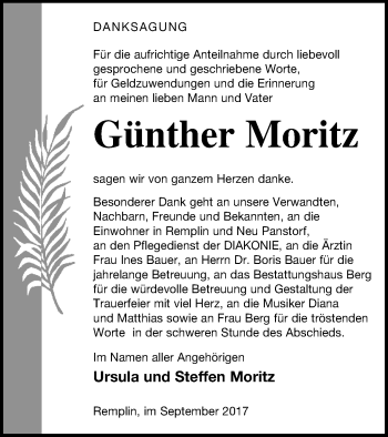 Traueranzeige von Günther Moritz von Mecklenburger Schweiz