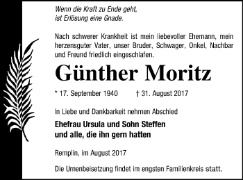 Traueranzeige von Günther Moritz von Mecklenburger Schweiz