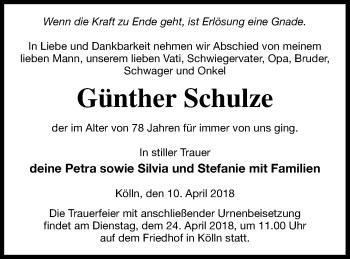 Traueranzeige von Günther Schulze von Neubrandenburger Zeitung