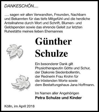 Traueranzeige von Günther Schulze von Neubrandenburger Zeitung