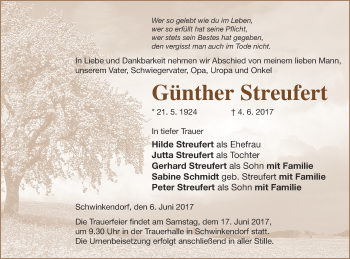 Traueranzeige von Günther Streufert von Mecklenburger Schweiz