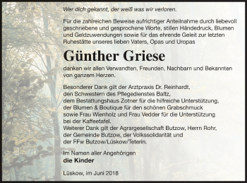 Traueranzeige von Günther Griese  von Vorpommern Kurier