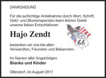 Traueranzeige von Hajo Zendt von Strelitzer Zeitung