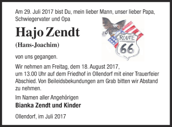 Traueranzeige von Hajo Zendt von Strelitzer Zeitung