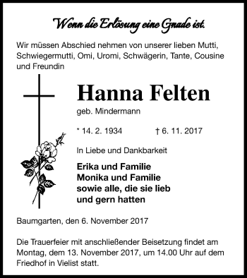 Traueranzeige von Hanna Felten von Müritz-Zeitung