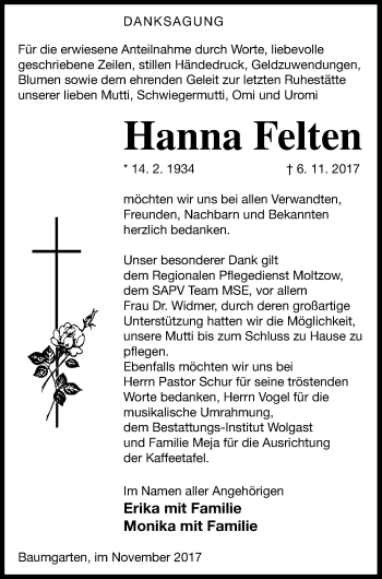 Traueranzeige von Hanna Felten von Müritz-Zeitung