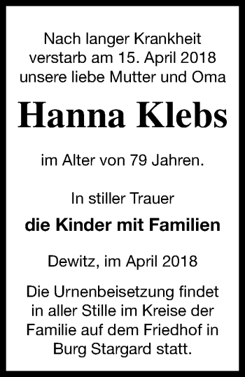 Traueranzeige von Hanna Klebs von Neubrandenburger Zeitung