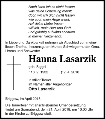 Traueranzeige von Hanna Lasarzik von Mecklenburger Schweiz