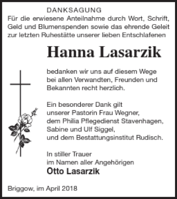 Traueranzeige von Hanna Lasarzik von Mecklenburger Schweiz