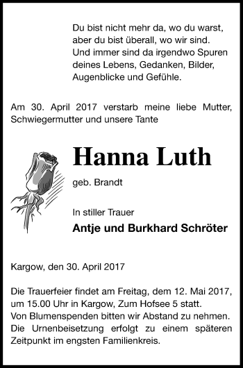 Traueranzeige von Hanna Luth von Müritz-Zeitung