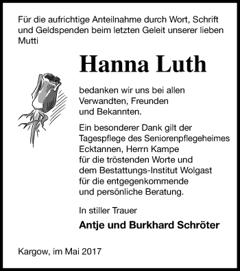 Traueranzeige von Hanna Luth von Müritz-Zeitung