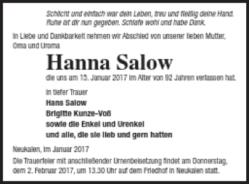 Traueranzeige von Hanna Salow von Mecklenburger Schweiz