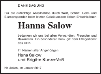 Traueranzeige von Hanna Salow von Mecklenburger Schweiz